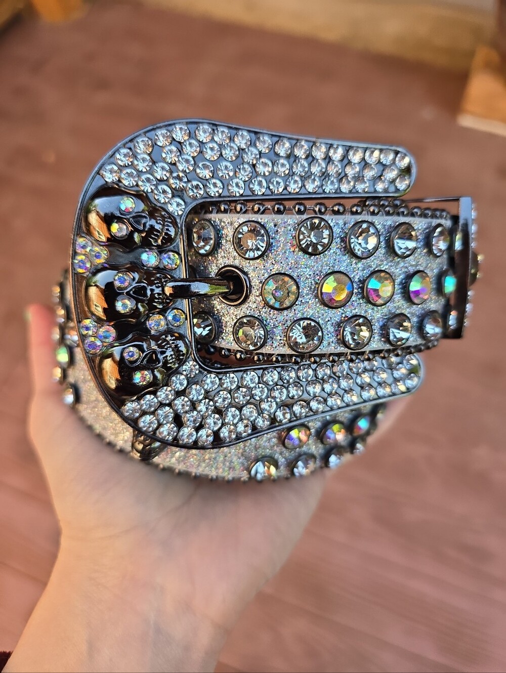 New Biker Skull Belt Silver Glitter Rhinestone Bling Rodeo Fair Belts Small
